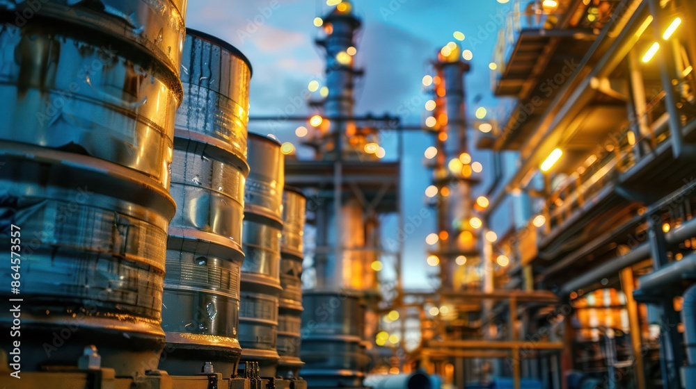 Industrial refinery with storage tanks at sunset Industrial refinery with storage tanks at sunset