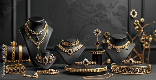 Luxurious black and gold jewelry set on elegant display