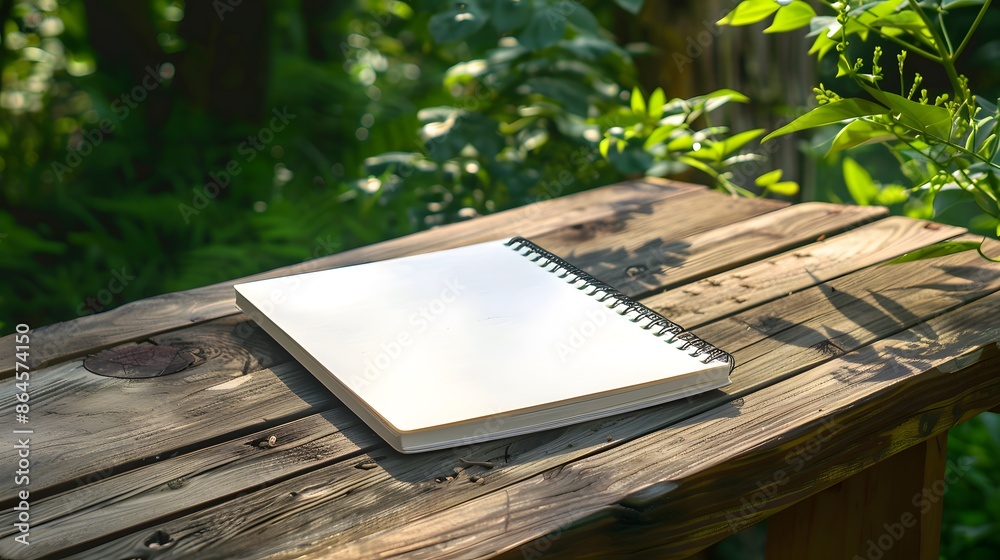 Blank notepad on wooden table with green foliage background. Concept of nature, writing, creativity, and ideas. Blank notepad on wooden table with green foliage background. Concept of nature, writing, creativity, and ideas.