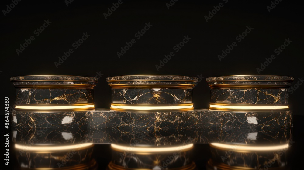 Three ornate black marble pedestals with golden accents. Three ornate black marble pedestals with golden accents.