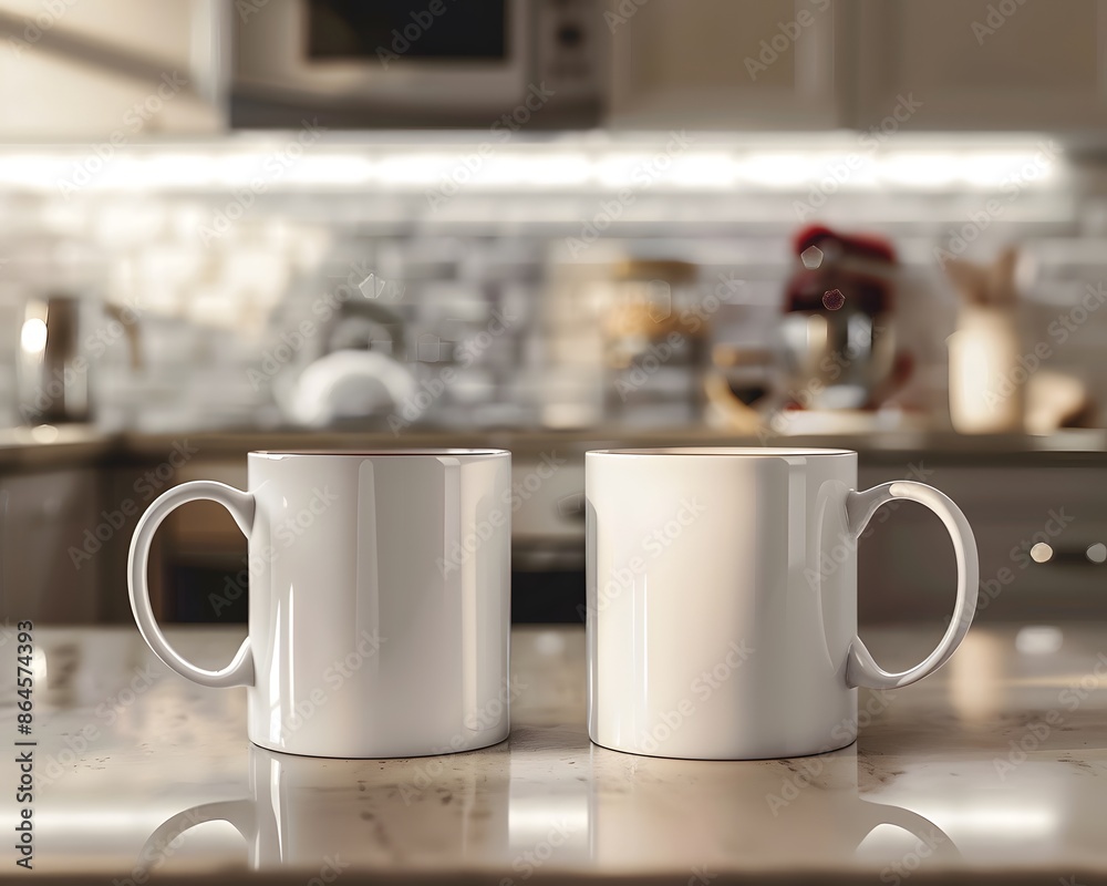 Two Blank White Mugs on a Kitchen Countertop, Mockup for Branding or Design Two Blank White Mugs on a Kitchen Countertop, Mockup for Branding or Design