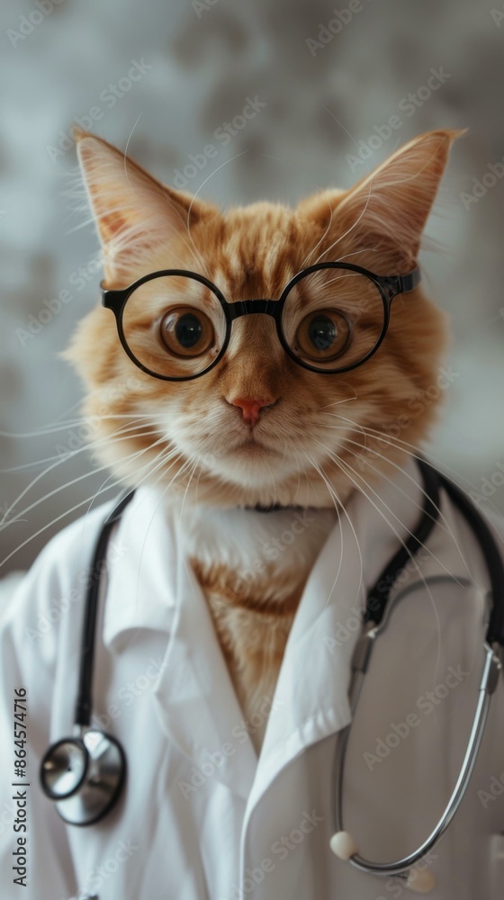 A cat wearing a stethoscope and glasses with an open mouth. AI. A cat wearing a stethoscope and glasses with an open mouth. AI.