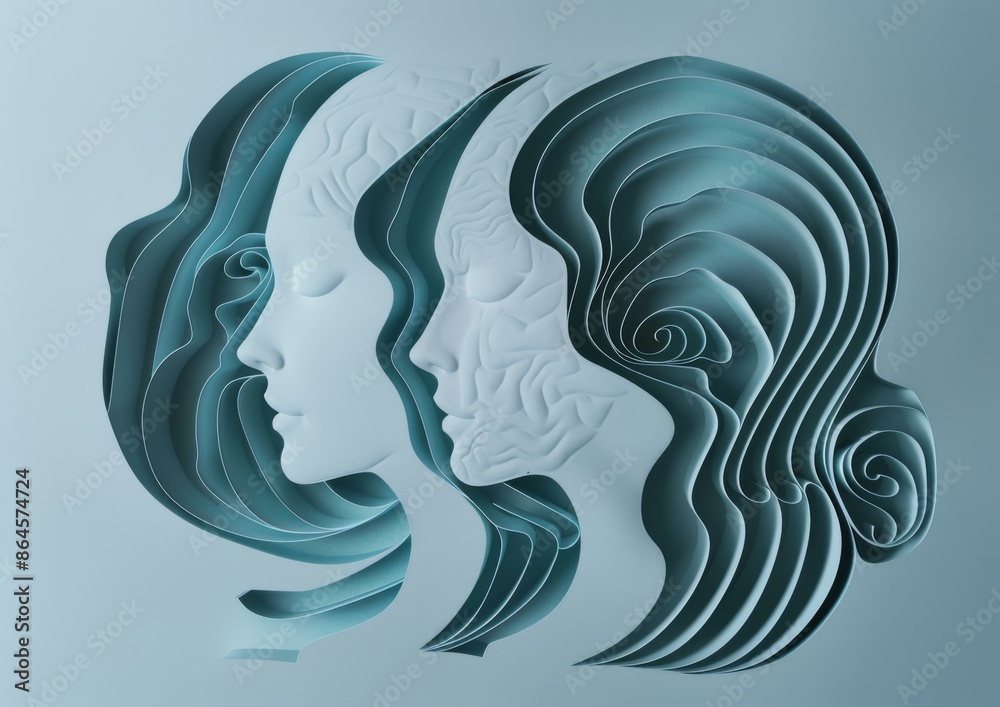 Two women's faces are cut out of paper and placed on a blue background. AI. Two women's faces are cut out of paper and placed on a blue background. AI.