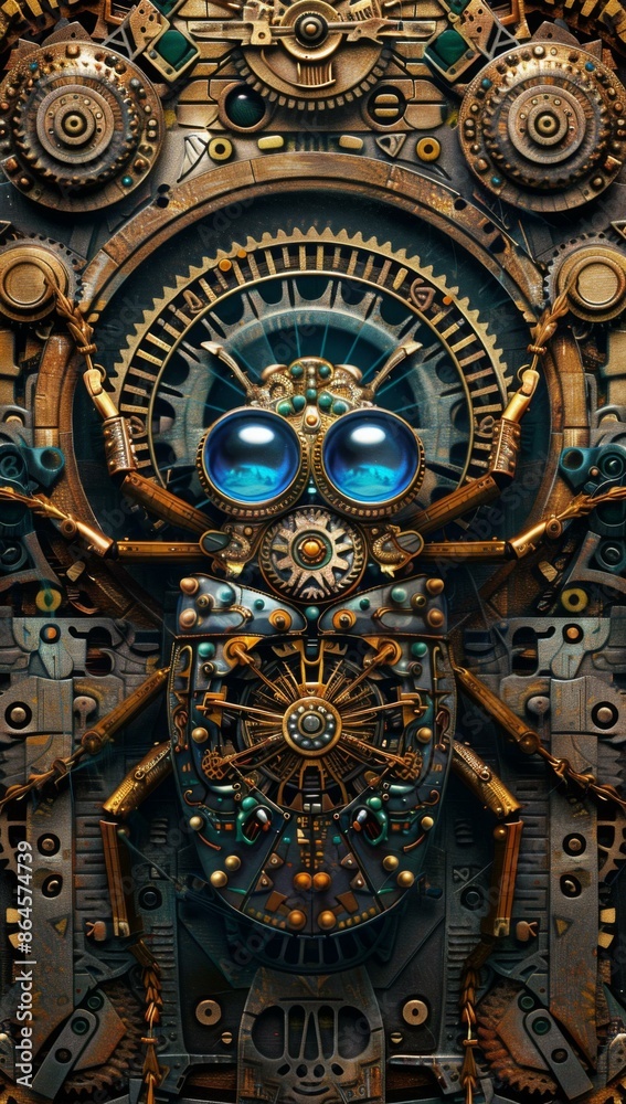 A close up of a clockwork spider with blue eyes and goggles. AI. A close up of a clockwork spider with blue eyes and goggles. AI.