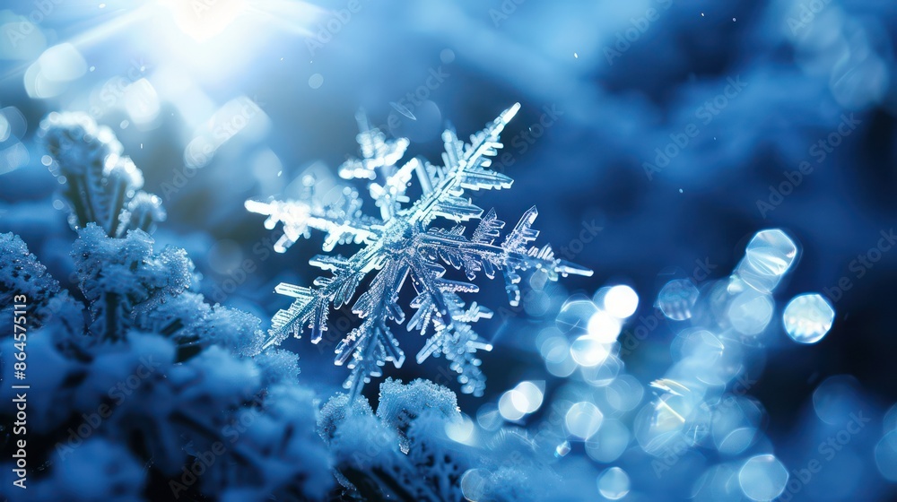Close-up of a beautiful intricate snowflake on snow Close-up of a beautiful intricate snowflake on snow