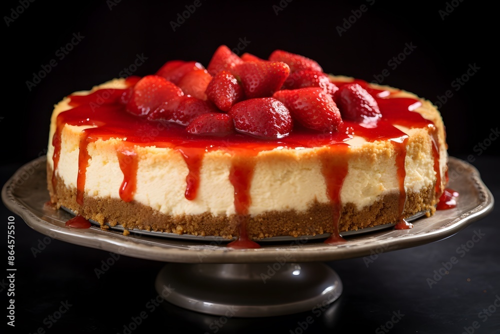 Decadent Strawberry Cheesecake with a Rich Caramel Drizzle on an Elegant Cake Stand Decadent Strawberry Cheesecake with a Rich Caramel Drizzle on an Elegant Cake Stand