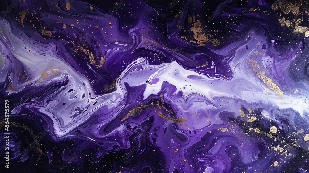 Obraz premium Purple and Gold Abstract Fluid Art Background. Marble Effect with Swirls and Waves