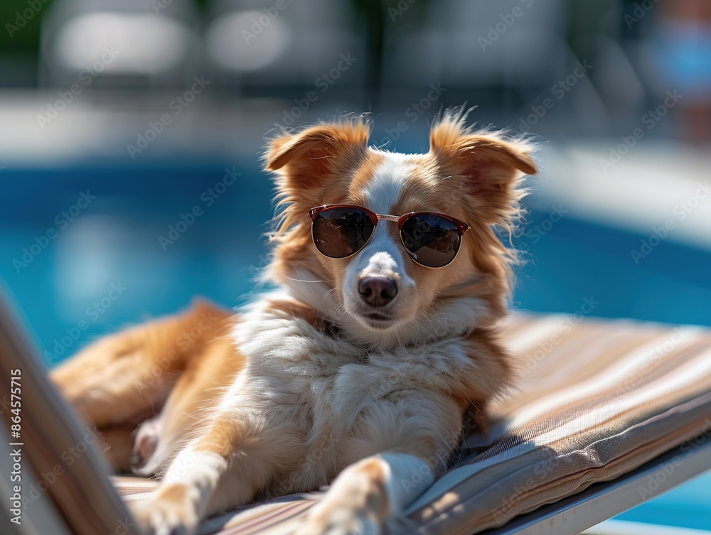 Φωτογραφία Portrait of a red border collie dog wearing sunglasses sitting on a deck chair b