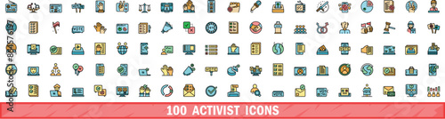 100 activist icons set. Color line set of activist vector icons thin line color flat on white