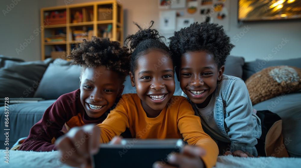 Three children taking a selfie while lying on the floor at home Three children taking a selfie while lying on the floor at home