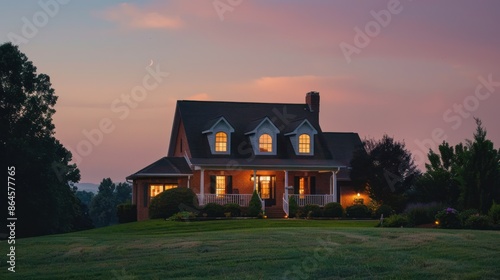 A large brick house is lit up at night with a large yard and a lot of trees.