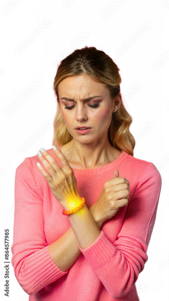 Woman experiencing wrist pain on transparent background while wearing pink sweater Woman experiencing wrist pain on transparent background while wearing pink sweater