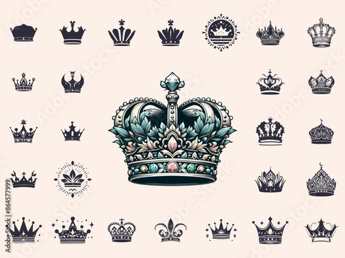 Royal Vintage Crown kings Silhouettes Set, Retro Crown Vector Illustration Icons.