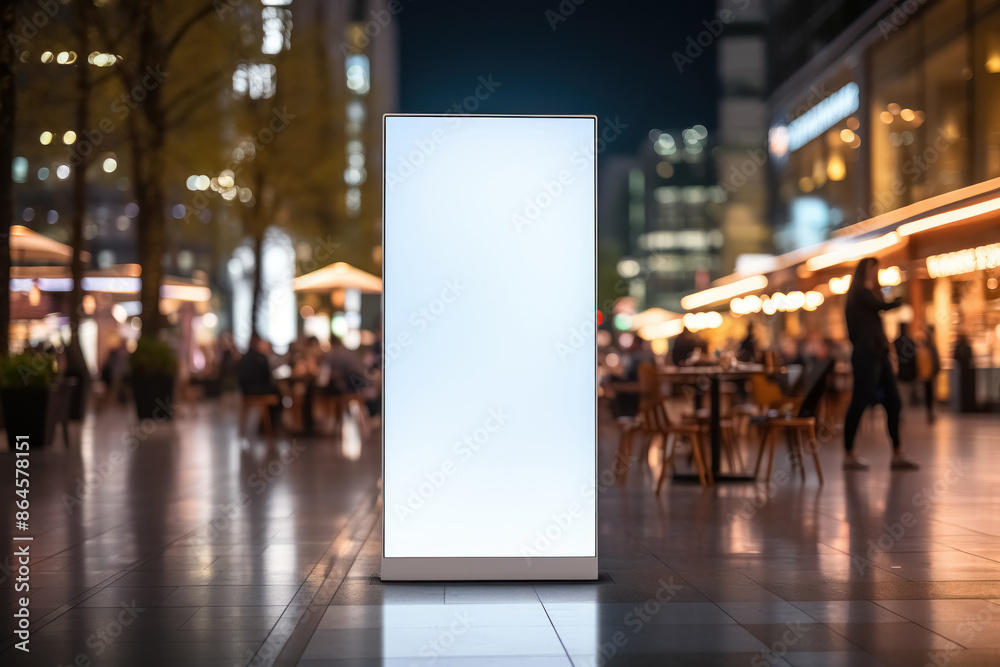 Vertical blank white advertising billboard on the evening street, banner frame for advertisement and information Vertical blank white advertising billboard on the evening street, banner frame for advertisement and information