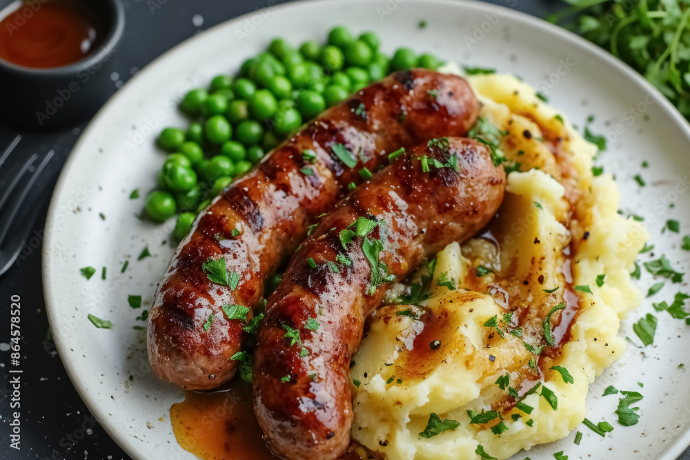 Flat lay pork sausages with creamy mashed potatoes, gravy sauce and green peas on white plate on grey background Flat lay pork sausages with creamy mashed potatoes, gravy sauce and green peas on white plate on grey background