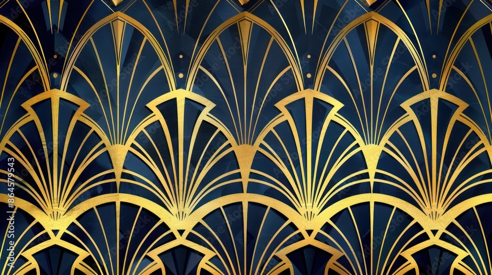 Gold Art Deco pattern with geometric shapes on dark blue