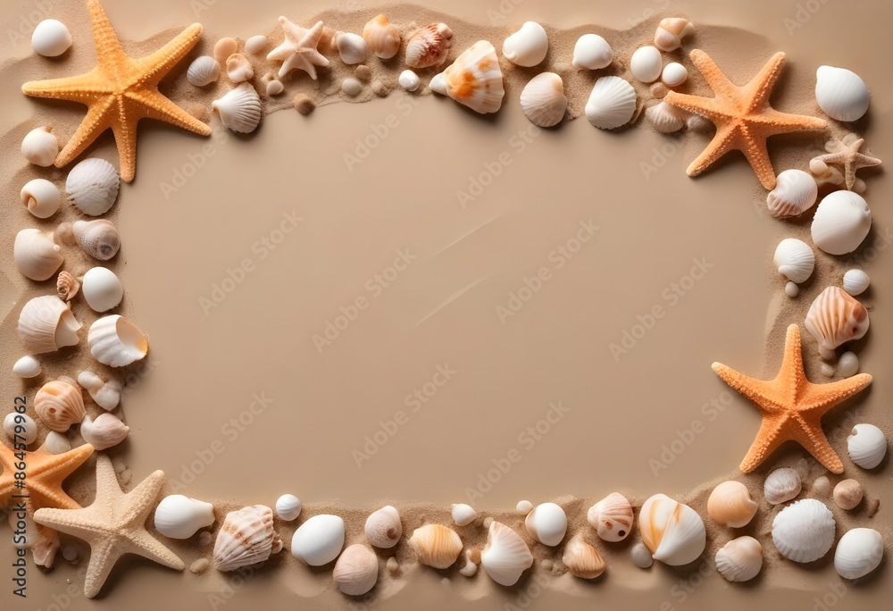 Starfish and shells framing over a sand beach background, free space in the middle Starfish and shells framing over a sand beach background, free space in the middle
