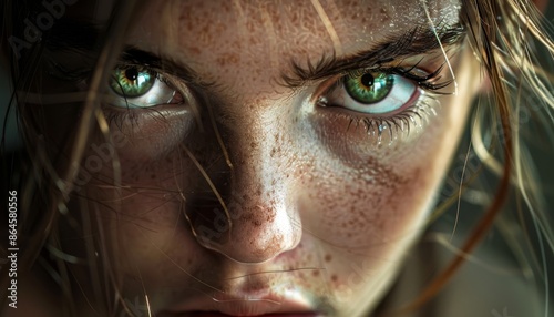 Close Up Portrait of Woman's Green Eyes with Freckles