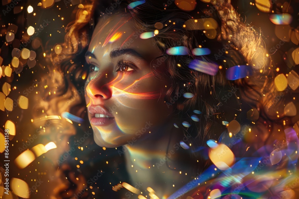 ethereal portrait of a woman with luminous skin surrounded by swirling colorful fireworks creating a dreamlike atmosphere ethereal portrait of a woman with luminous skin surrounded by swirling colorful fireworks creating a dreamlike atmosphere