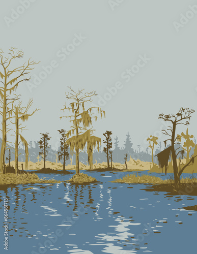WPA poster art of Bayou Bardeaux in Barataria Preserve within Jean Lafitte National Historical Park, Louisiana USA done in works project administration or federal art project style.
 photo