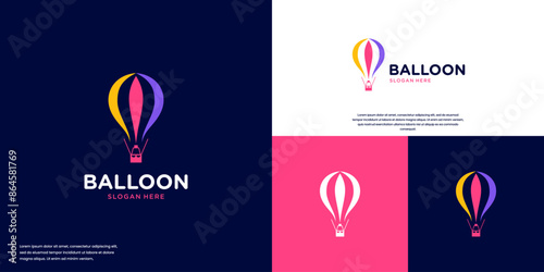 colorful hot air balloon logo, nature explorer, logo design illustration.