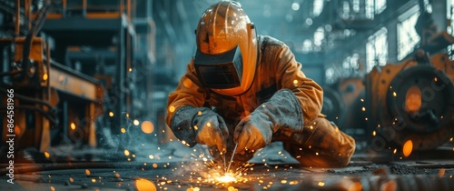 Welder Working on Metal in Industrial Setting