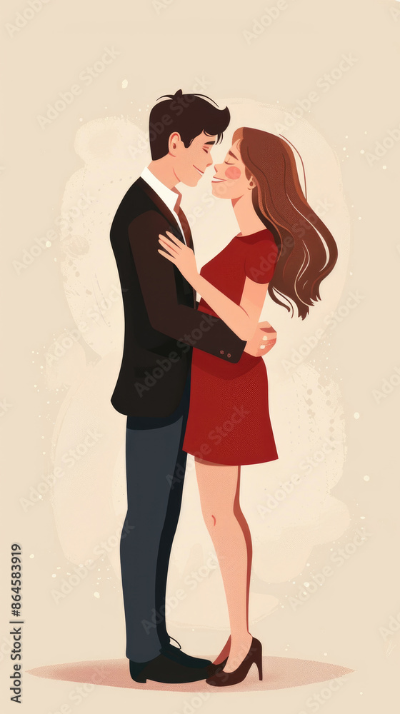 A digital illustration of a young couple embracing and gazing into each others eyes. The man is wearing a black suit and the woman is wearing a red dress A digital illustration of a young couple embracing and gazing into each others eyes. The man is wearing a black suit and the woman is wearing a red dress
