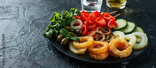 Wallpaper Mural Arranged around a plate on a black background are cucumber slices, cheese, pickled peppers, schprots, onion rings, and a glass of vodka with copy space image. Torontodigital.ca