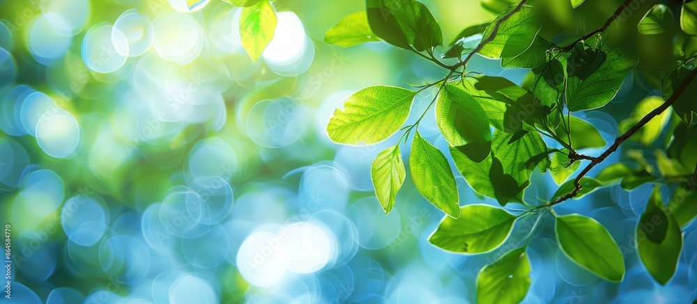 Abstract summer background showcasing blurry green leaves with a blend of blue and bright bokeh, suitable as a cover page for environmental themes or a copy space image. Abstract summer background showcasing blurry green leaves with a blend of blue and bright bokeh, suitable as a cover page for environmental themes or a copy space image.