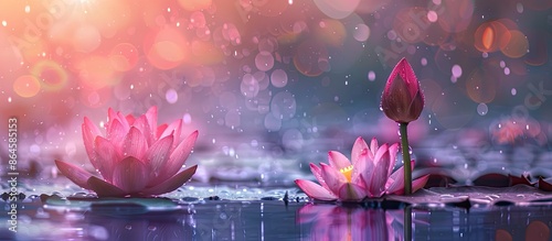 Elegant lotus blossoms shining brightly in the rain with copy space image. photo