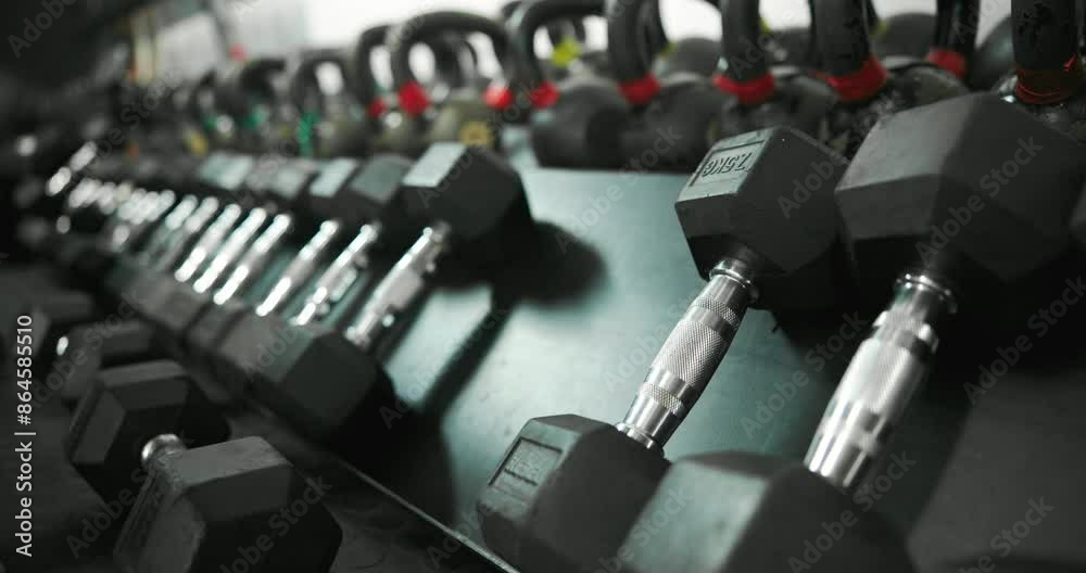 Equipment, hands and dumbbell in gym for sports, weightlifting and strength training for fitness. Closeup, exercise and workout with tools, metal and steel in row for strong person in health club