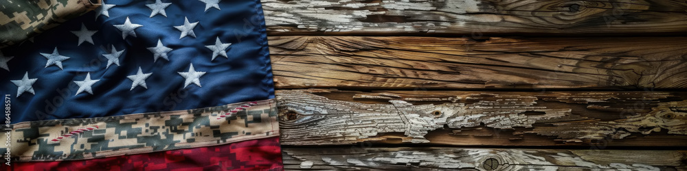 Fototapeta premium A close-up image of an American flag draped over a rustic wooden background. The flag features a camouflage pattern on the bottom half, adding a unique touch to the traditional design