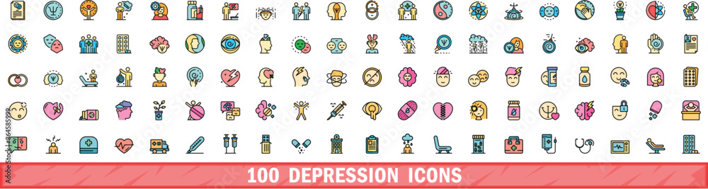 100 depression icons set. Color line set of depression vector icons thin line color flat on white 100 depression icons set. Color line set of depression vector icons thin line color flat on white