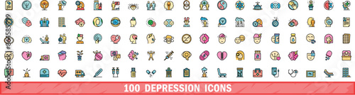 100 depression icons set. Color line set of depression vector icons thin line color flat on white