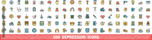 100 depression icons set. Color line set of depression vector icons thin line color flat on white