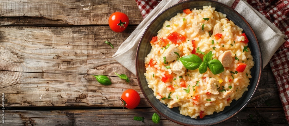 Top view of a delectable chicken risotto on a rustic wooden table with ample copy space image. Top view of a delectable chicken risotto on a rustic wooden table with ample copy space image.