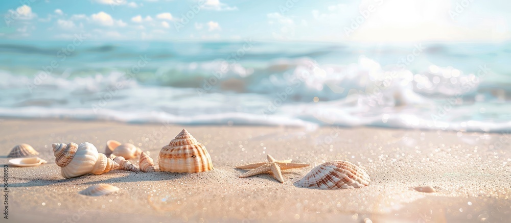 A scenic sandy beach with shells scattered in the sand, encapsulating the essence of travel and tourism, displayed in a soft focus copy space image. A scenic sandy beach with shells scattered in the sand, encapsulating the essence of travel and tourism, displayed in a soft focus copy space image.