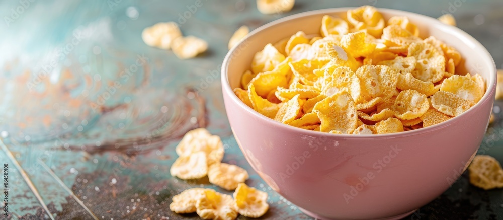 Pink bowl filled with cornflakes on a wooden table, providing ample copy space image. Pink bowl filled with cornflakes on a wooden table, providing ample copy space image.