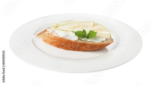 Delicious bruschetta with fresh ricotta (cream cheese), walnuts, mint and pear isolated on white