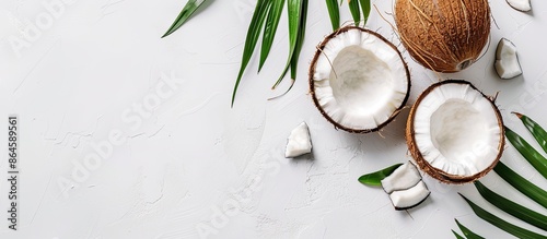 Top view flat lay of a coconut piece with leaves against a white backdrop, offering ample copy space image for customization.
