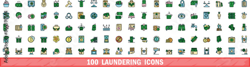 100 laundering icons set. Color line set of laundering vector icons thin line color flat on white