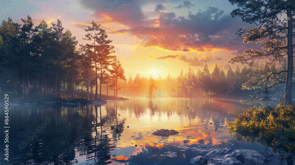 A beautiful sunrise over a lake, with a majestic pine forest in the background A beautiful sunrise over a lake, with a majestic pine forest in the background