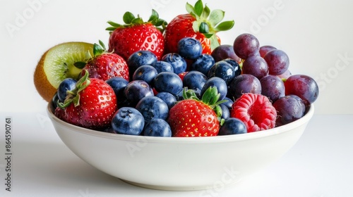 A bowl of vibrant fruits, including strawberries, blueberries, and grapes, sits against a white backdrop