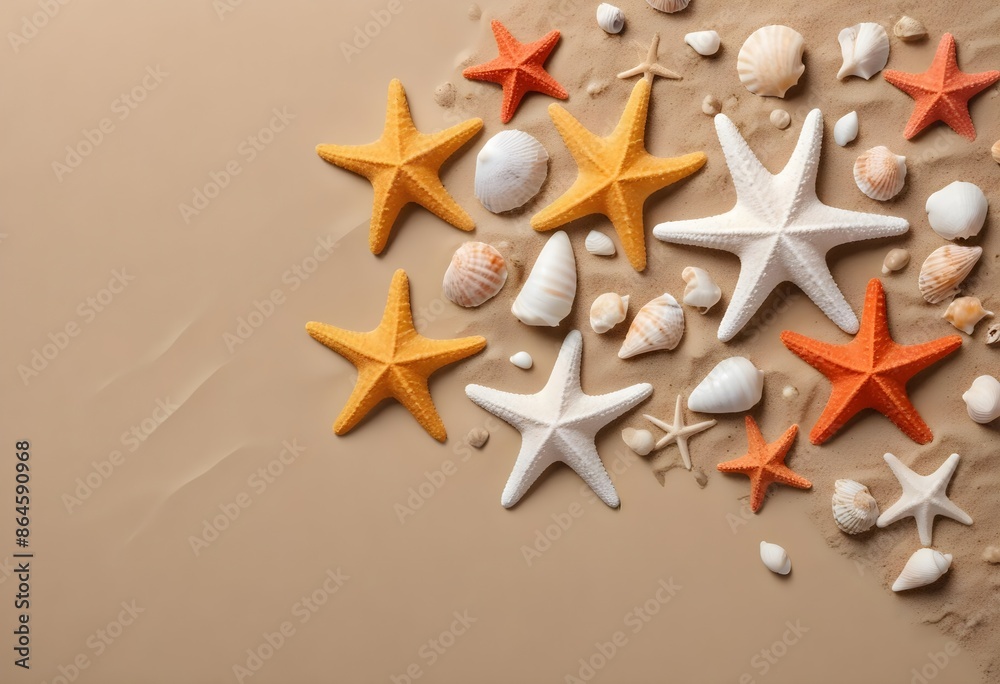 Summertime card sample with starfishes and shells on a side, fine clean sand background, free space for writing Summertime card sample with starfishes and shells on a side, fine clean sand background, free space for writing