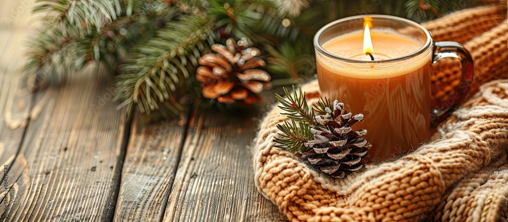 A warm and festive Christmas setting at home with hot cocoa, a cozy blanket, a candle, and pine branches on a wooden table, embodying the essence of Christmas, winter, and holidays with a rustic A warm and festive Christmas setting at home with hot cocoa, a cozy blanket, a candle, and pine branches on a wooden table, embodying the essence of Christmas, winter, and holidays with a rustic