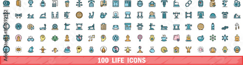 100 life icons set. Color line set of life vector icons thin line color flat on white