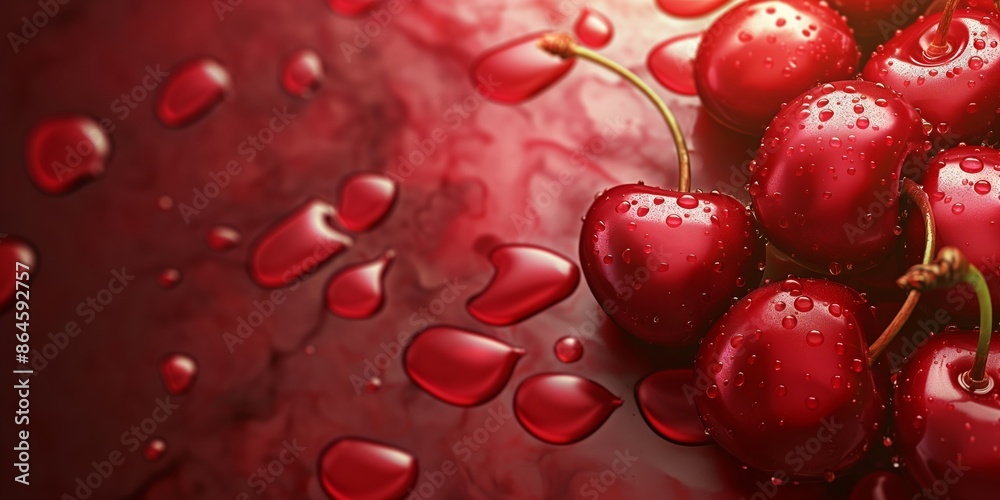 Fresh cherries with water droplets. Ripe red cherries with glistening water droplets on a deep red background. Perfect for food blogs, health articles, and culinary advertising.