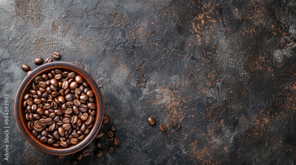 Coffee beans in bowl on rustic background for cafe menu From above with space for text Coffee beans in bowl on rustic background for cafe menu From above with space for text