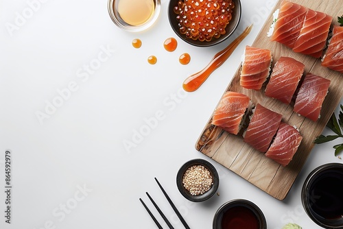Sushi rolls, soy sauce, and roe on white background with copy space. Flat lay Japanese food mockup photography for design and print photo
