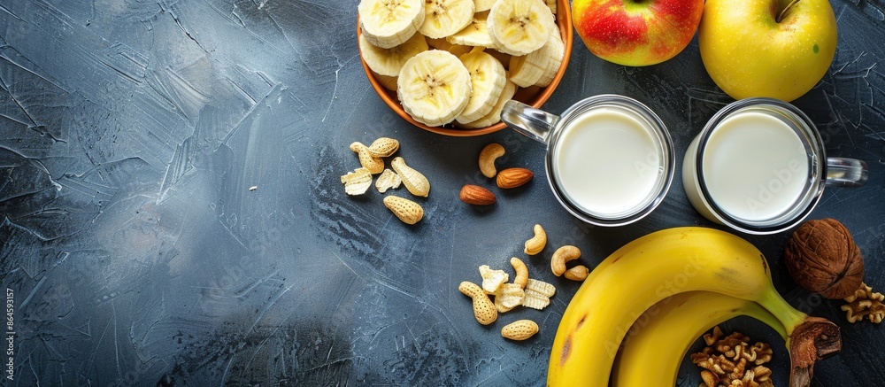 A nutritious morning meal consisting of bananas, milk, apples, nuts, and cornflakes, displayed in a copy space image. A nutritious morning meal consisting of bananas, milk, apples, nuts, and cornflakes, displayed in a copy space image.